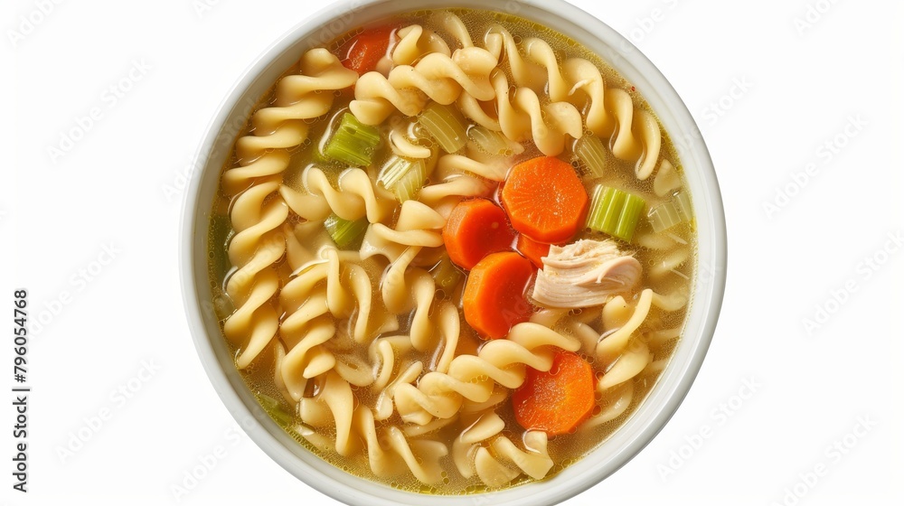 Comforting top view image of Chicken Noodle Soup made with carrots, celery, onions, and whole wheat noodles in low-sodium chicken broth, clean isolated background Comforting top view image of Chicken Noodle Soup made with carrots, celery, onions, and whole wheat noodles in low-sodium chicken broth, clean isolated background