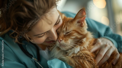 A compassionate veterinarian gently embraces a sleepy ginger cat, providing comfort and reassurance in a cozy clinic setting. photo