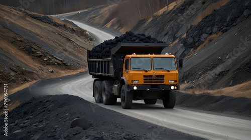 Large quarry dump truck. Dump truck carrying coal, sand and rock. Trucks moving on dirt country road.generative.ai © Neelam