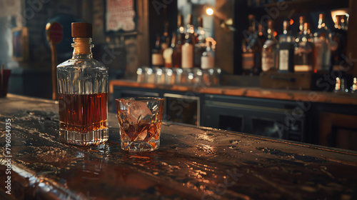 An atmospheric shot of a vintage whisky bottle next to an old-fashioned glass on a rustic bar, evoking a sense of tradition and timeless quality.