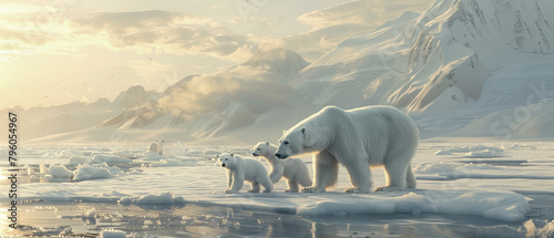 A family of polar bears navigating icy terrain in the Arctic wildlife phtography