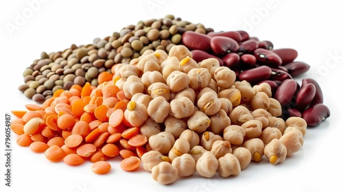 Close-up on a nutritious blend of legumes, highlighting lentils, chickpeas, and beans, ideal for healthy diet promotions, isolated background, studio light