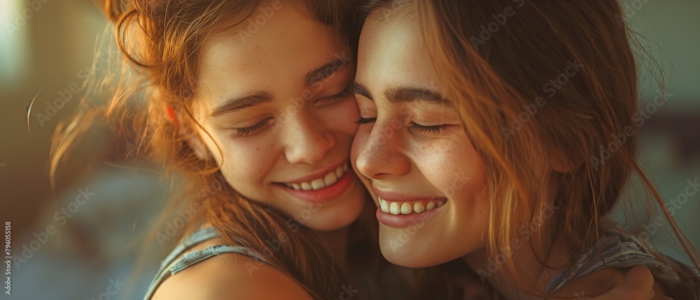 Two contented females give each other hugs; pals embrace. female companionship Two contented females give each other hugs; pals embrace. female companionship
