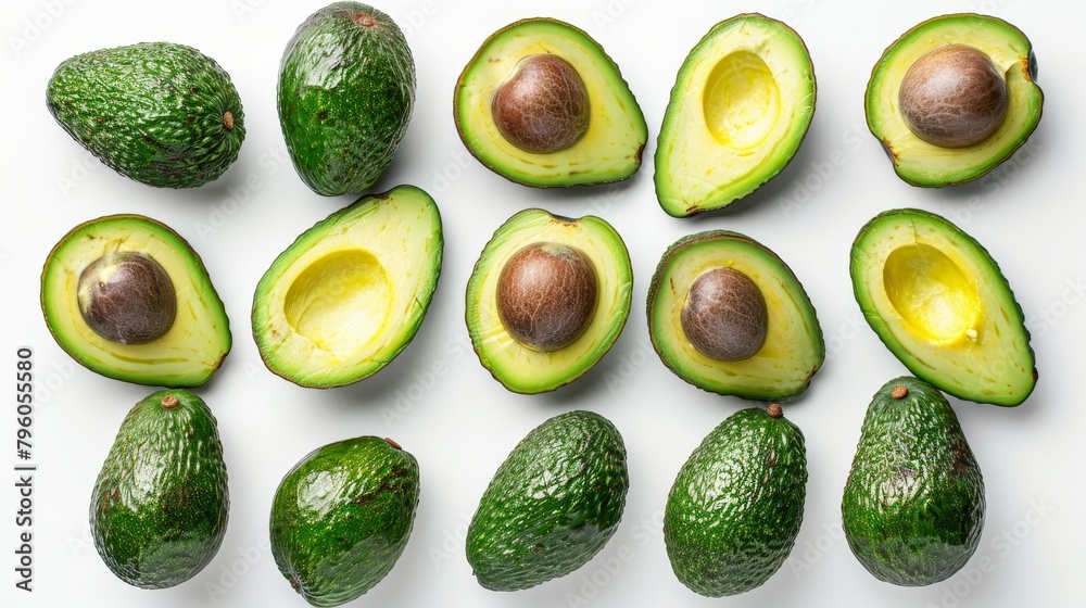 Artistic top view of whole and sliced avocados, arranged to highlight their healthy fats, isolated background, studio lighting for a clear, sharp image Artistic top view of whole and sliced avocados, arranged to highlight their healthy fats, isolated background, studio lighting for a clear, sharp image