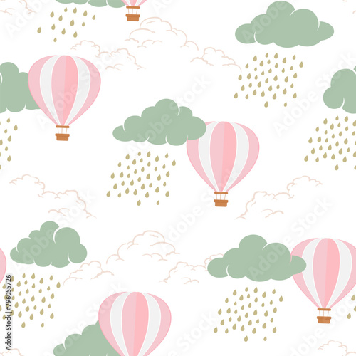 Seamless pattern with hot air balloons on rainy day,kids texture for fabric,textile,apparel,wrapping or wallpaper