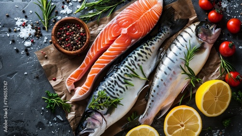 Artistic top view of salmon, mackerel, and trout, emphasizing their role as excellent sources of omega-3 fatty acids, against an isolated background, studio lighting