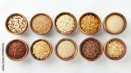 Artistic top view display of whole grains including quinoa, oats, barley, and bulgur, emphasizing their health benefits, on an isolated background