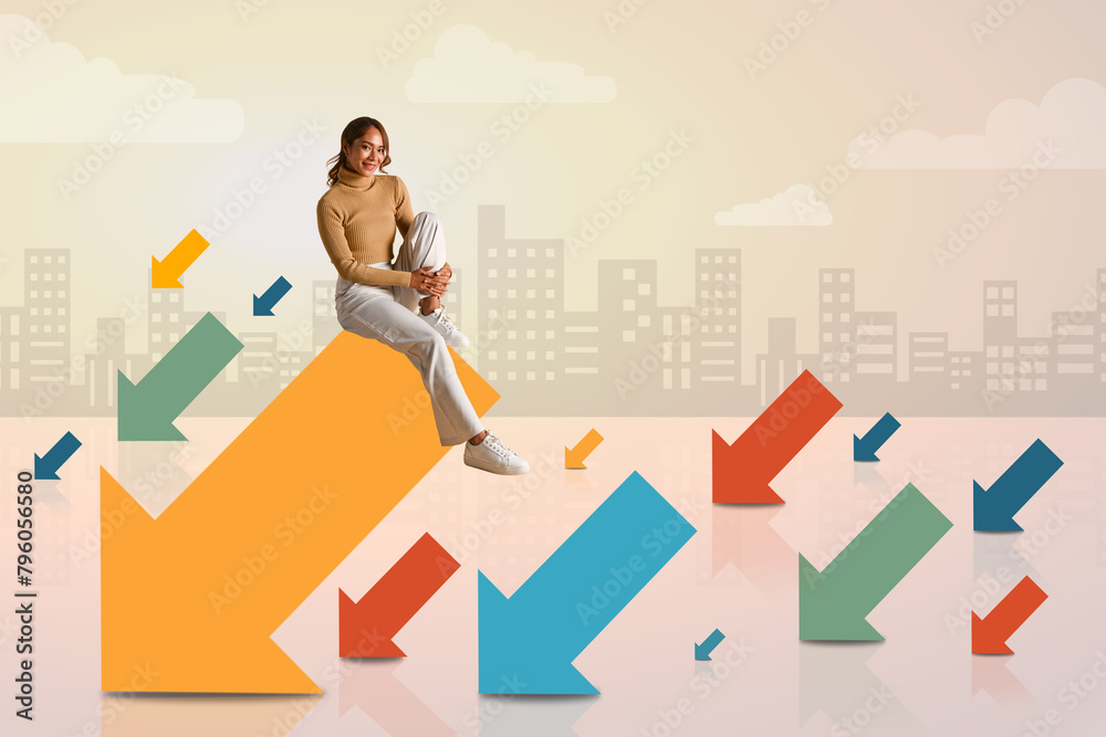 Fototapeta premium Creative banner poster attractive young woman sitting on arrow with skyscrapers on background