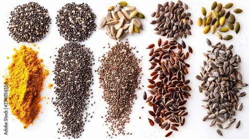 Artistic top view composition of mixed seeds including chia, flaxseed, pumpkin, sunflower, and sesame, emphasizing health benefits, isolated background photo