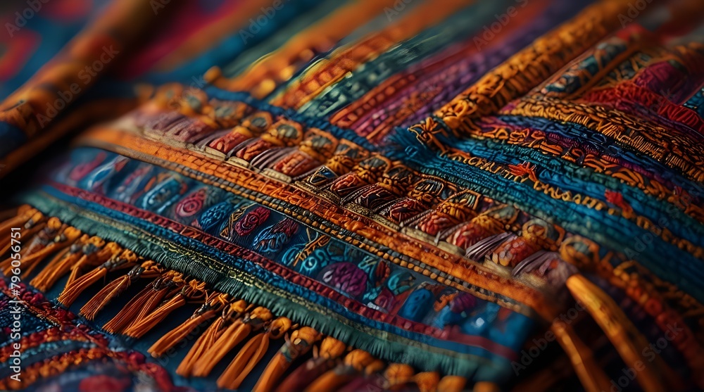 Vibrant, intricately patterned textile with fringe, displayed shallow depth of field against.generative.ai