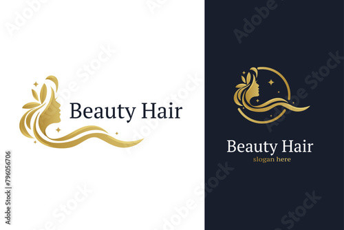beauty woman hair gold beauty hair queen logo design