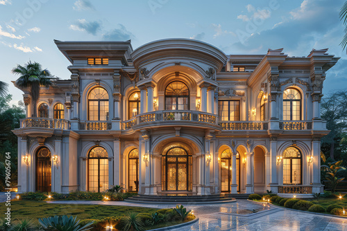 A magnificent and luxurious mansion with large windows, a facade view, a front door, a symmetrical design and beige stone walls. Created with Ai