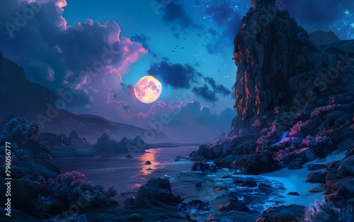 Moon And Sea Night. Fiction. Concept art. Beautiful Realistic Illustrations