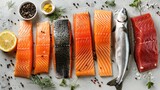 Artistic composition of fatty fish varieties, including salmon and mackerel, from above, showcasing health benefits, clean isolated backdrop