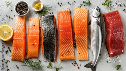 Artistic composition of fatty fish varieties, including salmon and mackerel, from above, showcasing health benefits, clean isolated backdrop