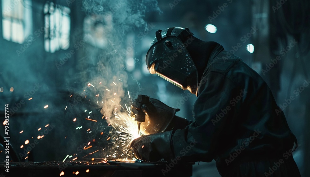 Close up portrait view of professional mask protected welder man in uniform working on the metal sculpture at the table in the industrial fabric workshop in front of few other workers. Close up portrait view of professional mask protected welder man in uniform working on the metal sculpture at the table in the industrial fabric workshop in front of few other workers.