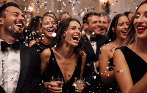A photo of a group of people at an elegant party, with confetti flying around and smiling women in black dresses standing next to men wearing tuxedos who are laughing
