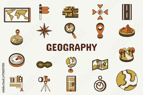 Geography Lineal Color Vector Illustration Icon Sticker Set Design Materials