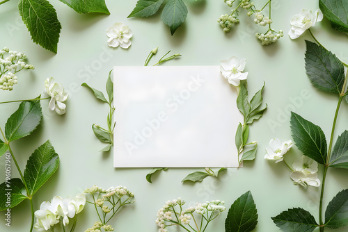Stylish elegant flat lay olive green floristic greeting invitation post card with copy space mockup.