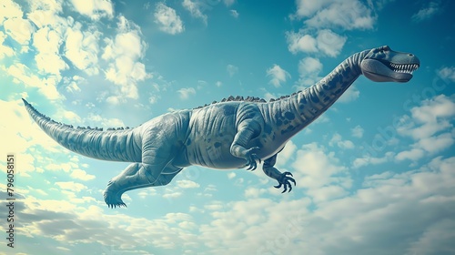 A giant inflatable dinosaur floating in the sky