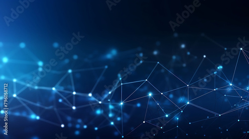 Abstract concepts of cybersecurity technology and digital data protection. Protect internet network connection with polygons, dots and lines with dark blue background, center focus, side blur