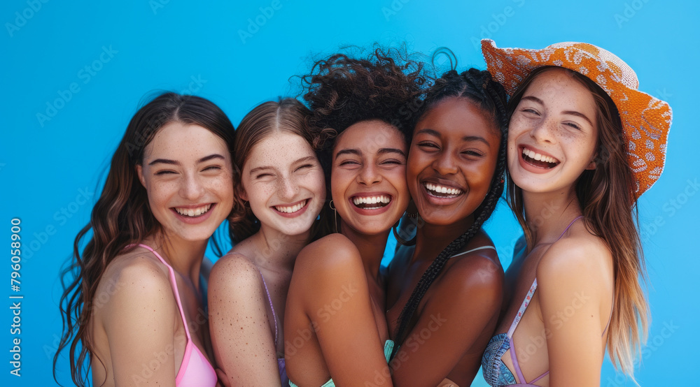 A group of pretty and attractive diverse young women are smiling for a photo in bikini A group of pretty and attractive diverse young women are smiling for a photo in bikini