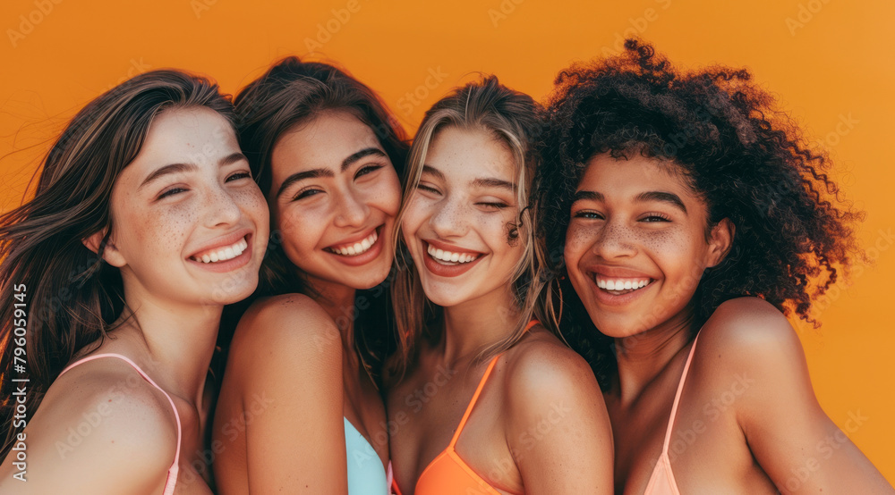 A group of pretty and attractive diverse young women are smiling for a photo in bikini A group of pretty and attractive diverse young women are smiling for a photo in bikini