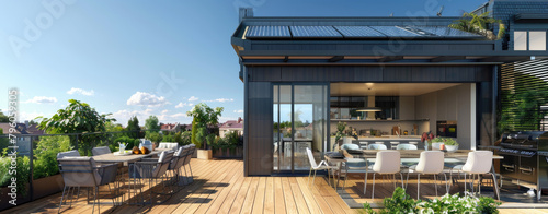 view of the exterior roof and terrace area with solar panels, showcasing an open kitchen on one side leading to a dining table, chairs, a barbeque grill, a seating corner, and outdoor lighting. photo