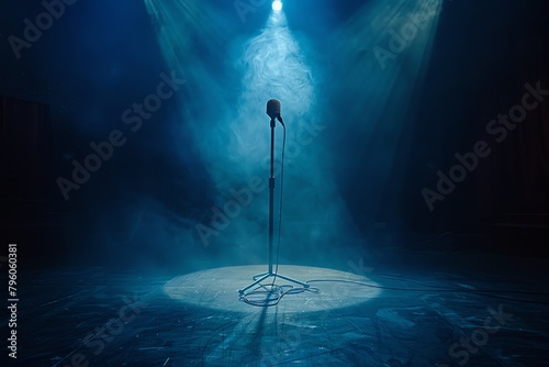 A dramatic stage with a single spotlight on an empty microphone, symbolizing the anticipation of success photo