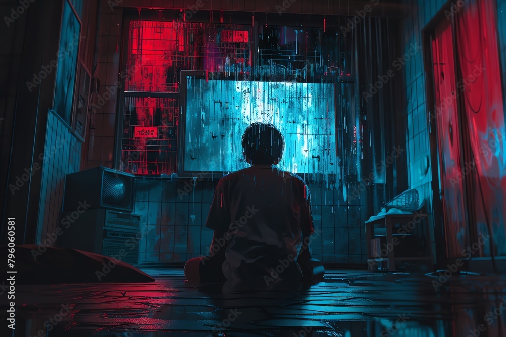 Bring a fresh twist to horror with minimalist design from a unique rear view perspective Experiment with glitch art for added intensity Digital rendering techniques, focus on pixel art
