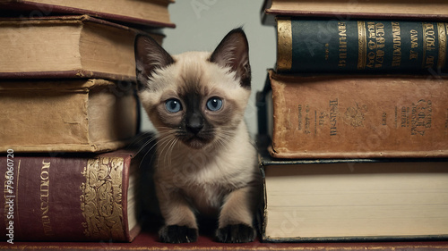 A curious Siamese kitten peering out from behind a stack of books2. Generated AI. photo