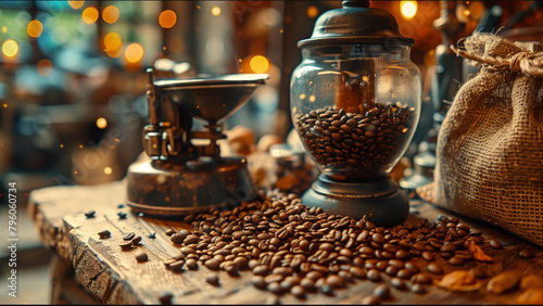 Bean to Brew- Visualize a rustic coffee scene--a hand-cranked coffee grinder atop a wooden table. Whole coffee beans spill from a burlap sack, ready for grinding. Sunlight filters through the window photo