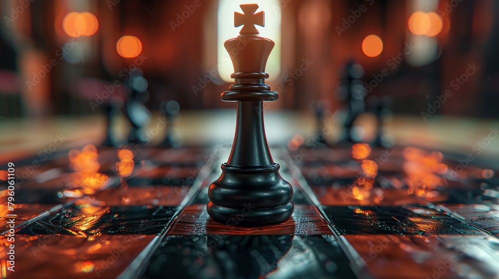 A detailed chessboard with the king piece standing, strategic and intellectual theme, dark wood and focused lighting - obrazy, fototapety, plakaty 