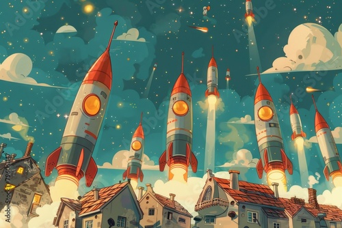 An illustration in a children's style of a city with small houses being targeted by big rockets. Air attack.