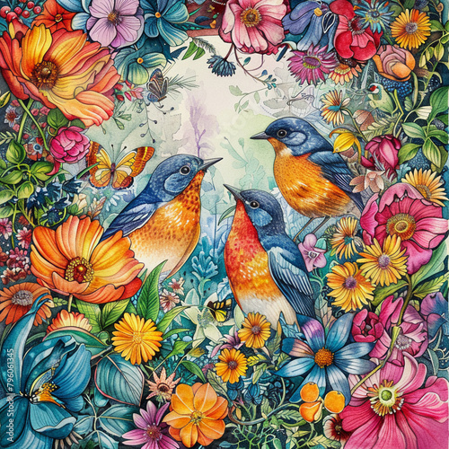 Artistic watercolor of birds in the center, framed by doodled flowers and elements of nature, vibrant and inviting © elbanco