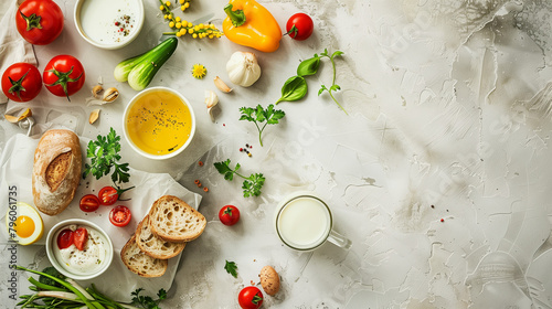 The nutritious breakfast scene combines milk, bread and vegetables, using minimalist food photography to showcase the aesthetics of healthy life in simplicity.