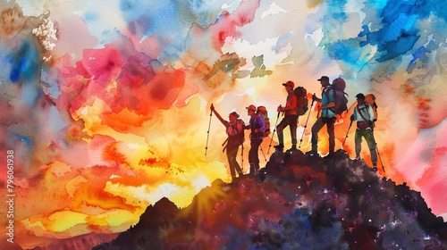 Group of friends hiking and reaching the summit, painted in vibrant watercolors, capturing the essence of achievement and camaraderie