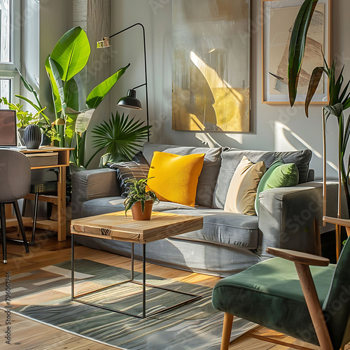 The modenr boho interior of living room in cozy apartment with design coffee table, gray sofa, wooden cube honey yellow pillow, desk, green armchair, plants and elegant accessories. Modern home decor. photo