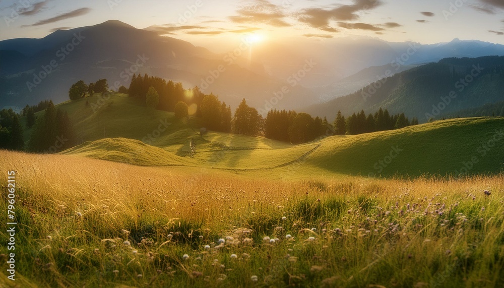 Fototapeta premium sunrise over the mountains,landscape, sky, field, grass, nature, meadow, summer, mountain, green