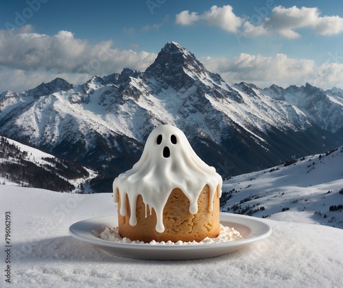 Cake in the form of snowman on the background of mountains