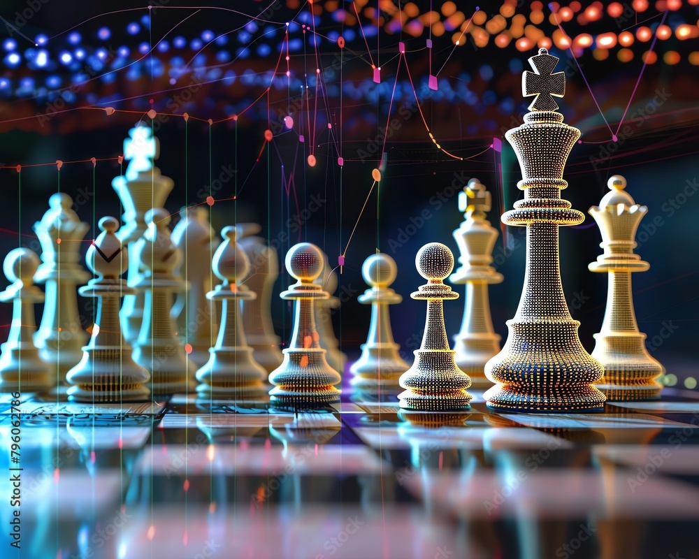 AI system calculating decision-making strategies in chess, visualizing inference budget allocation, detailed view, AI system calculating decision-making strategies in chess, visualizing inference budget allocation, detailed view,