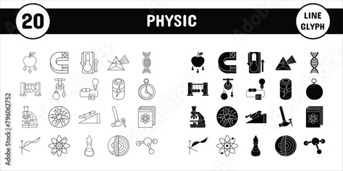 Physic Line Glyph Vector Illustration Icon Sticker Set Design Materials
