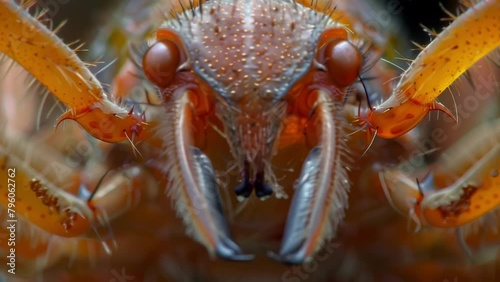 This closeup view of an insects mouth reveals the sharp jagged mandibles used for grasping and chewing along with the delicate l palps . AI generation. photo