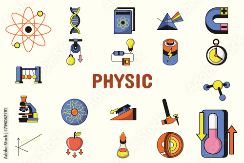 Physic Lineal Color Vector Illustration Icon Sticker Set Design Materials