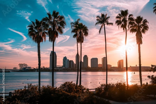 Beautiful San Diego skyline with palm trees, Ai generated