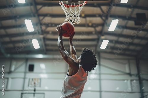Jugador de baloncesto en acción realizando un mate en cancha interior photo