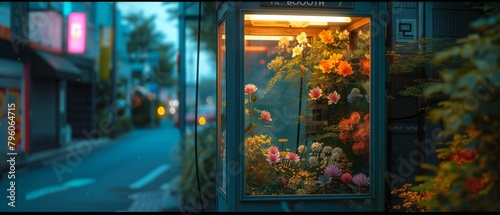 Bloom Box Retreat  Amidst the city  a repurposed telephone booth stands adorned with flowers.