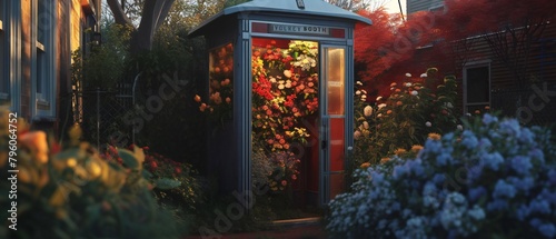 Bloom Box Retreat: Amidst the city, a repurposed telephone booth stands adorned with flowers.