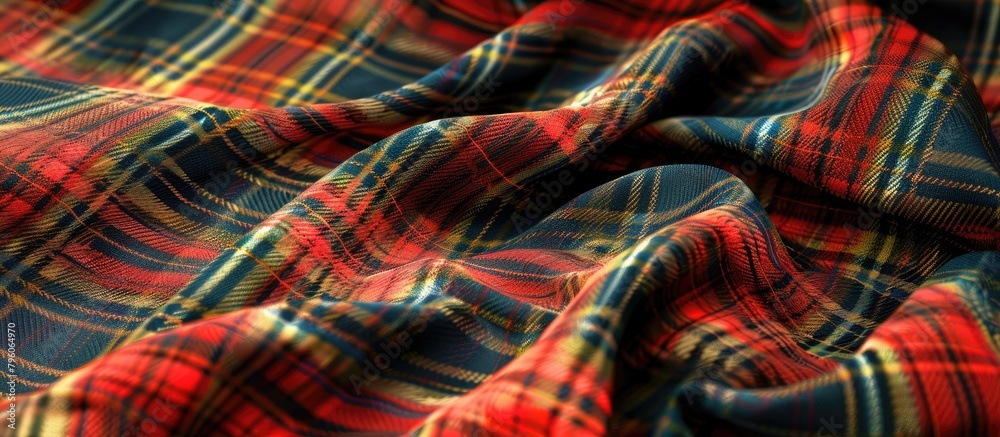 Closeup of a vibrant red and green Tartan pattern fabric
