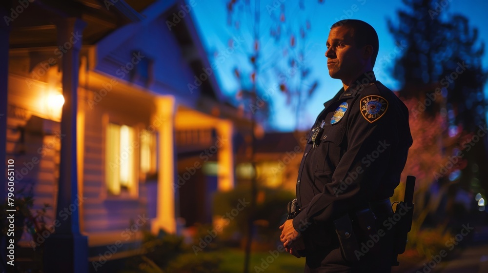 A police officer on patrol in a neighborhood at night A police officer on patrol in a neighborhood at night